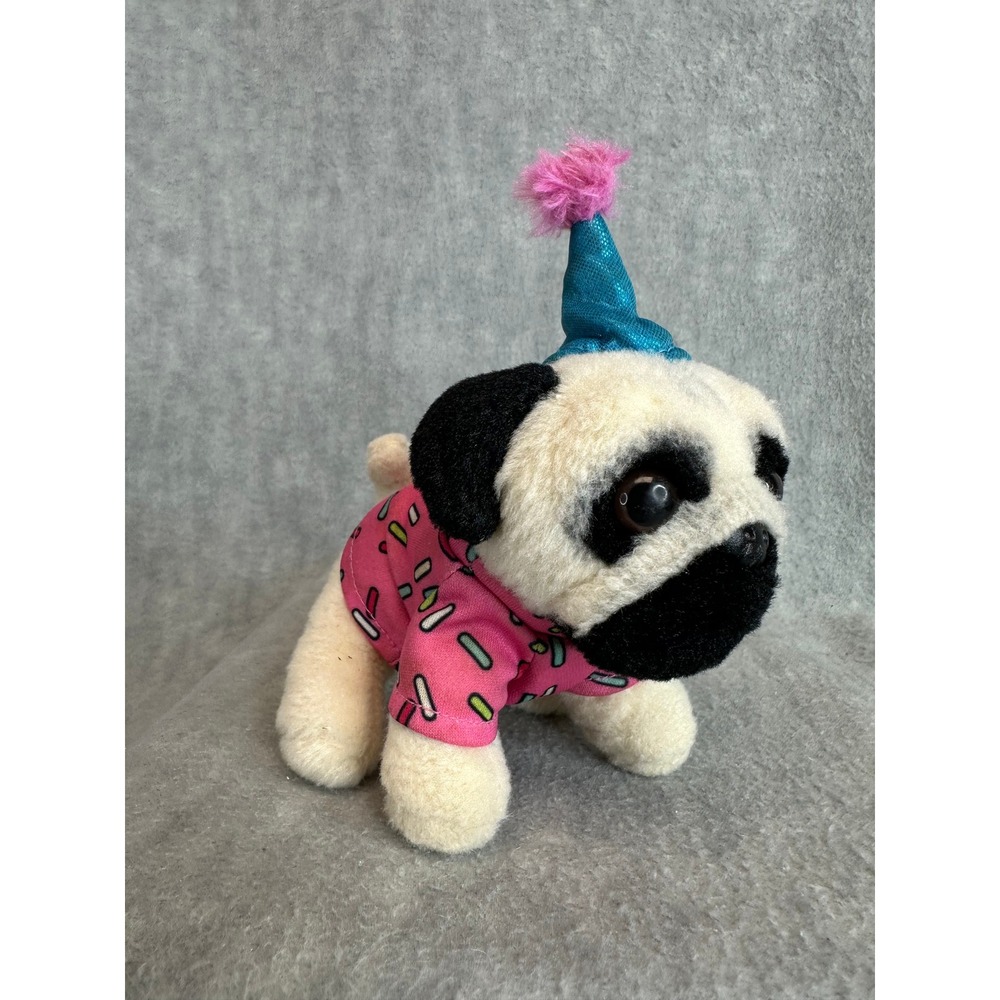 Ganz Doug the Pug Birthday Hat Plush Toy 5"‎ Dog Pink Donut Shirt with Sprinkles